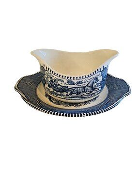 Currier & Ives Blue Gravy Boat Steamboat / Oaken well Pattern